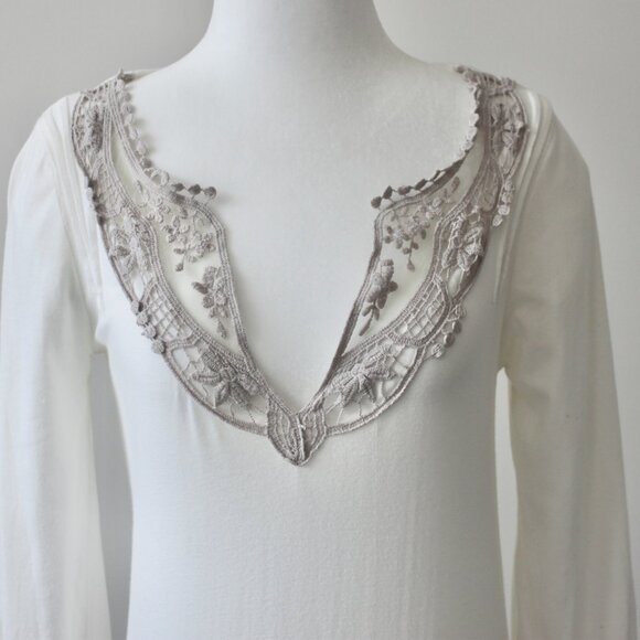 Billabong Vintage Y2K Cotton Off-White Lace V-Neck Long-Sleeve BlouseTop Small - Picture 2 of 12